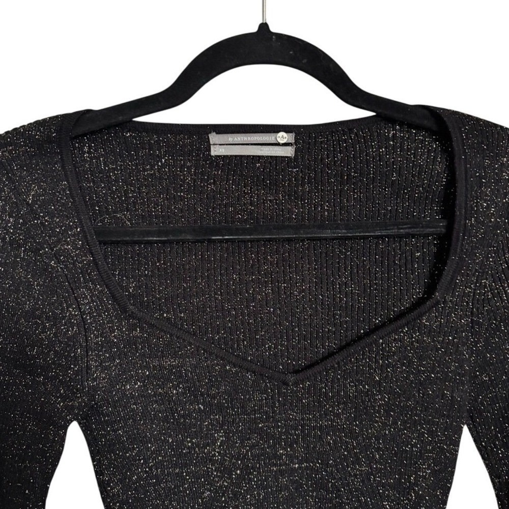 Anthropologie Black Gold Metallic Ribbed Sweetheart Long Sleeve Top Blouse XS - Picture 3 of 9
